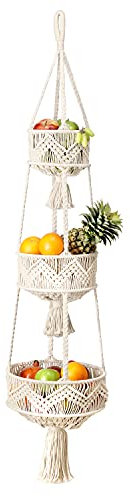 Folkulture 3-stöckiger hängender Obstkorb für Küche, Makramee-Hängekorb für Obst und Gemüse, Boho-Wandkörbe für die Organisation, Boho-Dekor für Zimmerpflanzen, 118 cm lang
