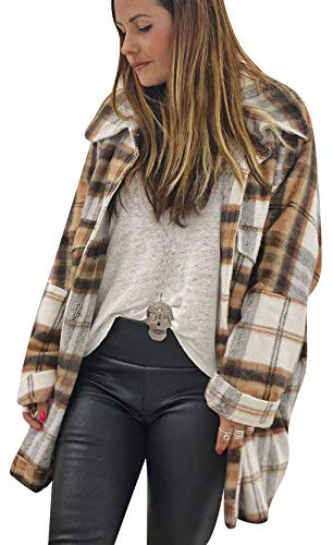 YMING Femme À Manches Longues À Carreaux Veste Vintage Manteau Boutonné Petit Ami Blouses Marron Carreaux L