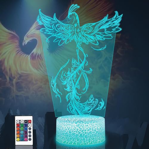PONLCY 3D Illusion Lampe Phönix Led Nachtlicht, 16 Farben Fernbedienung USB Schreibtischlampen, Schlafzimmer Dekoration Tischlampe für Kinder Weihnachten Geburtstag Geschenke