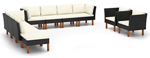 vidaXL Eukalyptusholz Gartenmöbel 10-TLG. Sitzgruppe Sofa Lounge Garten Garnitur Gartenset Gartensofa Ecksofa Mittelsofa Fußhocker Poly Rattan Schwarz