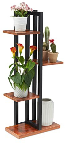 Relaxdays Scaffale Portavasi, 4 Ripiani Quadrati, Mobile Portafiori in Metallo, 93x42,5x22,5 cm, Tavolino, Marrone Scuro, Fibra di Legno, Acciaio, 1 pz