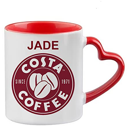 Giftme Costa Coffee Personalised with Any Name Costa Unique Heart Handle Ceramic Mug - ONE Mug (Red Heart Handle Mug)