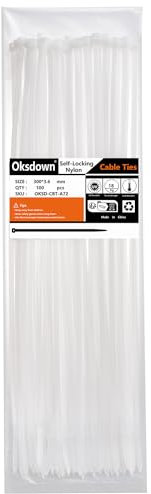 Oksdown 100 Pack White Plastic Cable Ties 300mm×3.6mm Heavy Duty Strong Nylon Premium Self Locking 12 inch/30 cm Long Zip Tie Wraps