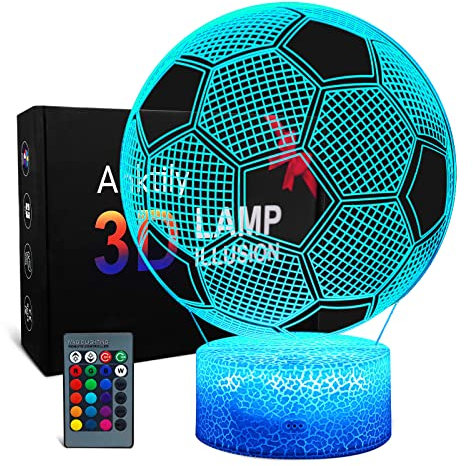 Lampade 3D Calcio Illusione Ottica Luce Notturna per Bambini,Lampada da Tavolo Luce Decorazioni Luce di Notte per Comodino con 16 Colore e Telecomando(Base Incrinata)