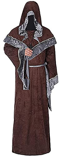 Mystische Zauberer Robe Halloween Cosplay Kostüme für Männer, Erwachsene Mittelalter Uniform Vintage Renaissance Kleidung, Herren Outfit Zauberer Mantel Umhang(Braun,L)