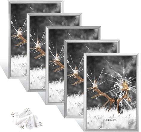 Dmyifan 5er Bilderrahmen 13×18 cm Silber Set, Fotorahmen mit Plexiglas, Hoch- und quer aufhängbarer Rahmen für Fotos. Portraits | Picture Frame