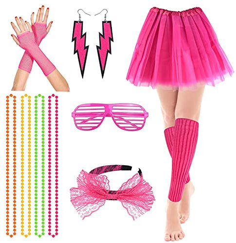 80er Jahre Kleidung Damen Set Damen Rock Neon Regenbogen Tüllrock,Halskette,Ohrring,Fingerlose Handschuhe,Brille,Rose Rot Leg Cover,Neon Outfit Party Karneval Kostüm Mädchen Kinder