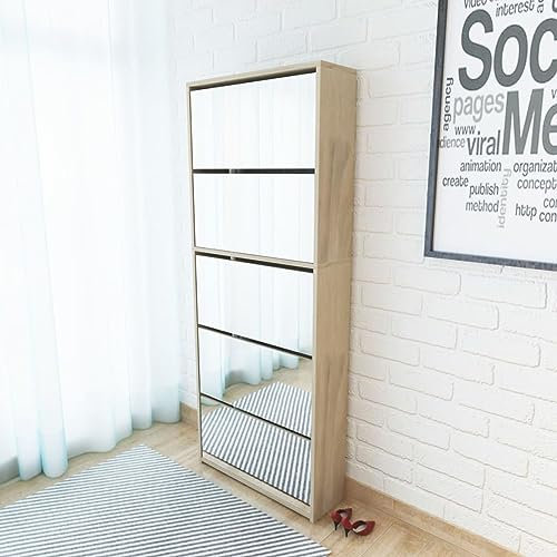 Festnight Zapatero con Espejo Zapatero Estrecho 63 x 17 x 169,5 cm Mueble Recibidor 5 Puertas Abatibles Mueble Zapatero Organizador de Zapatos Roble