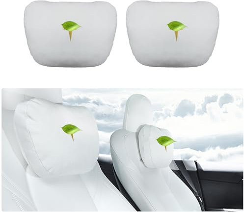 Powlamks Sitz Kopfstütze Kissen Tesla Nackenkissen Entwickelt für Tesla Model Y/3 Nackenstützkissen Echtes Nappaleder Unsichtbarer Gurt (Weißes Logo)