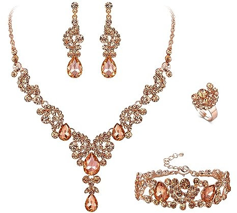 EVER FAITH 4 Stück Schmucksets für Damen Party Hochzeit Braut Strass Kristall floralen Welle Teardrop Halskette baumeln Ohrringe Armband Ring Set Champagner Rose Gold-Tone