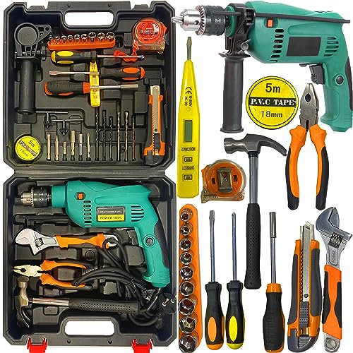 Retoo Caisse a Outil Avec Perceuse Visseuse Multifonction 230V, Malette Outils complete, Ensemble d'Outils avec Perceusepour Réparation, Entretien et Travail