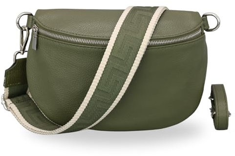 BRISE Bauchtasche Damen Echtleder AFIA Silber Handgemachte Umhängetasche Crossbody Bag mit Ledergurt + Optionalen Breiten Gemusterten Riemen 3 Fächer Hüfttasche Made in Italy (Khaki-Silber 3)