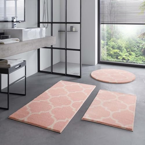 Taracarpet Badematte Badteppich für das Badezimmer waschbar in der Waschmachine Florentiner Muster Rosa Creme 120 cm rund