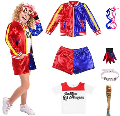 Quinn Kostüm Kinder Cosplay-Kostüm Mädchen Bösewicht Suicide Kostüm Kit enthalten Jacke,T-Shirt,Shorts und Handschuh Aufblasbarer Baseballschläger,Harley Cosplay Kostüme für Halloween Karneval Cosplay