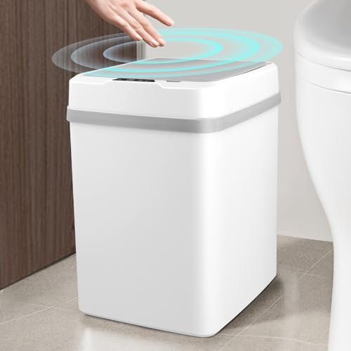 Domisyee Cubo de basura automático con tapa, con sensor, 12 litros, para cocina, baño, oficina y dormitorio, con 3 modos de sensor y luz LED, color blanco