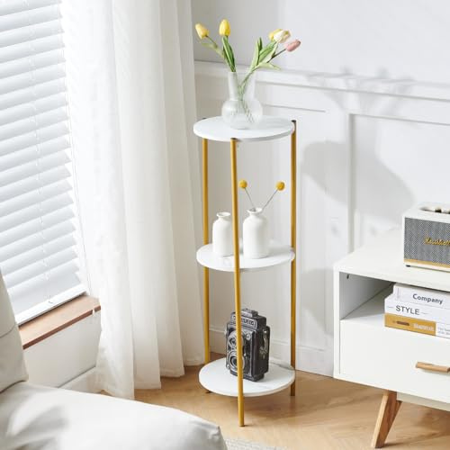3-Tier Plant Stand, Indoor Plant Holder for Flower Pots, Living Room Corner Planter Display Rack with Mustard Metal Frame, H90cm Floor Standing Tall Plant Shelf for Home Office Balcony, White Marble