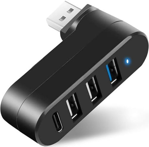 VIENON 4-Port USB 3.0 Hub [90°/180° Degree Rotatable], USB Splitter with PD-in 5W USB C Port, USB Extender for Laptop, Car, iMac, MacBook Air, MacBook Pro, and More