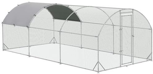 PawHut Großes Gehege Hühnerstall Zwinger Außenvoliere 15,96 ㎡, Laufstall 2,8 x 5,7 x 1,97 m, UV-beständiges Dach, verzinkter Stahl, abschließbare Tür, versilbert