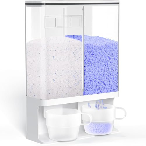 3L Washing Powder Storage,Laundry Storage with 2 Cups,Wall-Mounted Double Laundry Detergent Dispenser,Washing Powder Laundry Containers with Lids for Fairy Scent Booster Beads,Rice,Cereal,Grain,Food