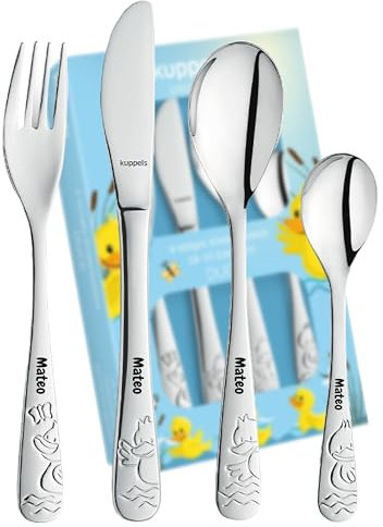 Schmalz® Kuppels Kinderbesteck Duck Gravur 4-teilig Namensgravur, individualisiert Besteck Jungen-Mädchen Geburt-Taufe