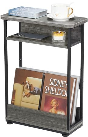 YEAKOO Narrow Side Table for Narrow and Small Spaces, Skinny Bedside Table Small Nightstand with Magazine Rack Space Saving (Grey, M)
