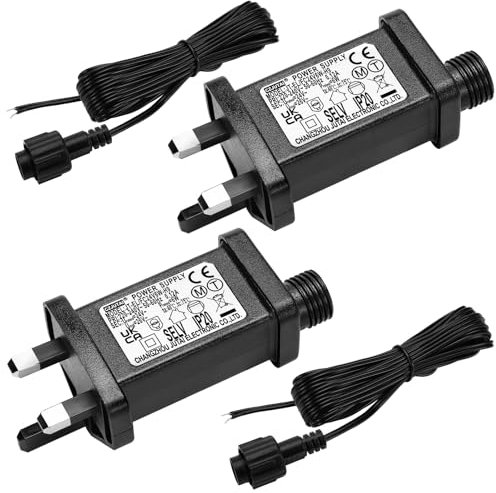 Gulfmew 2 Pcs Power Supply Replacement for Christmas Light with Plug Power Adaptor with Timer Memory 8 Modes and 2 Pcs 9.8 Ft Extension Cable Outdoor for String Light Decoration (Single Head, 24v6w)