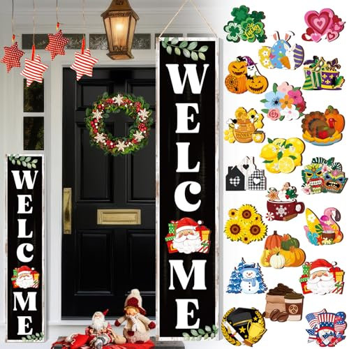 DoubleFill Willkommensschild für Veranda, stehend, 119 x 22,9 cm, austauschbares Holzschild mit 20 austauschbaren Symbolen, Bauernhaus, saisonal, schlanker, rustikale Verandatür