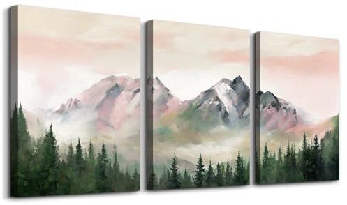 MHARTK66 Quadri Moderni Soggiorno 3 pezzi, Stampe da Parete Acquerello Rosa, Quadro Camera da Letto Su Tela Foresta Nebbiosa Verde, Astratto Decorazioni Parete Bagno Cucina Ufficio