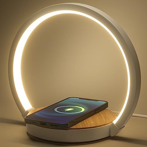 VOSFEEL Nachttischlampe mit ladefunktion,Touch Dimmbar Nachtlicht 15W Wireless Charger,LED Tischlampe mit 3 Stufige Helligkeit für Schlafzimmer Wohnzimmer Büro.