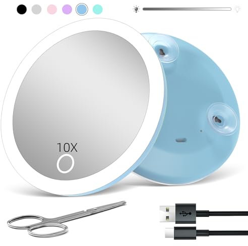 Suupvaor Miroir grossissant lumière x10, Miroir grossissant de Voyage avec ventouses, Taille de Poche 10cm, Batterie Rechargeable, Luminosité Variable, avec Ciseaux,Bleu