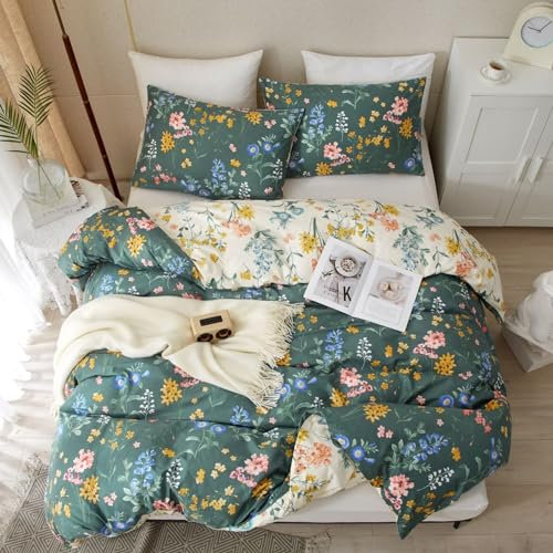 Freyamy Housse de Couette Fleurie 240x260+2 Taie d'oreiller 65x65cm Vert Rose Coloré Feuilles Floral Parure de lit 2 Personnes Adulte Sets de Housse Couette en Microfibre avec Fermeture Éclair