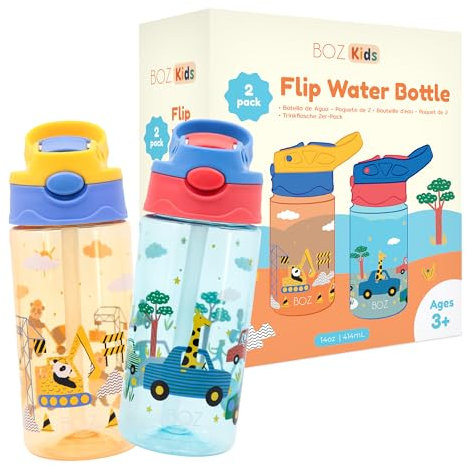 BOZ Flip pour Enfants Lot de 2 - Motifs Cars & Construction pour Garçons, 14 oz, Paille Pop-Up à Bouton-Poussoir, Lavables au Lave-Vaisselle, Anti-Fuite pour Tout-Petits