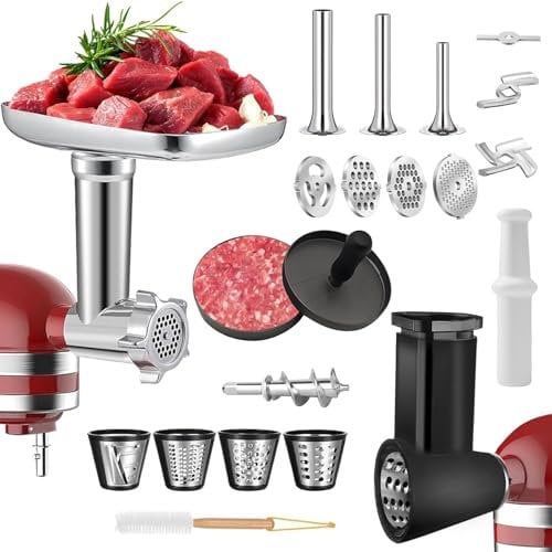 Picadora de carne y rallador de queso, aditivo para batidora Kitchenaid con 4 placas de molinillo, trituradora cortadora de papel batidora con 3 tubos de metal y 3 cuchillas (picadora de carne y