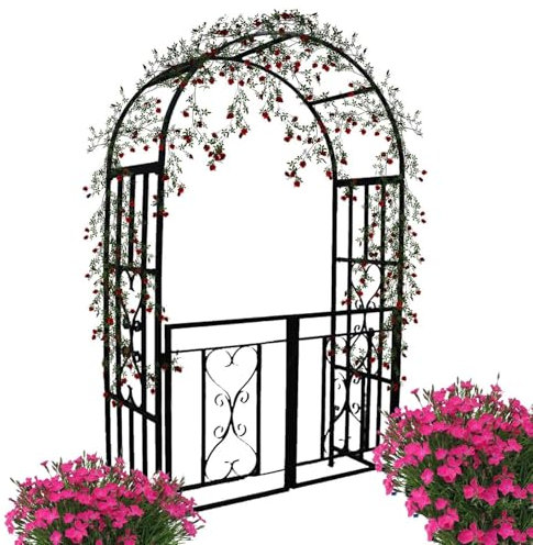 Rosenbogen aus Metall Mit Tür Tor in 210 x 52 x 114 cm (HxTxB), Wetterfeste Gartenbogen,Torbogen Rankhilfe, Hochzeitsbogen für Verzierung, Rasen, Garten(Black)