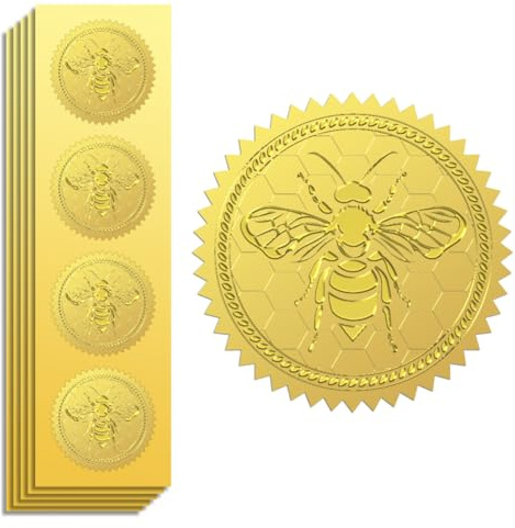 Peacoblue Goldfolien-Aufkleber, Siegel, offiziell geprägte Biene und Wabe, 5cm 100 Stück, selbstklebende Gold-Rundprägung, Medaillenaufkleber für Umschlagsiegel, Geschenkdekoration, Urkundenpapier