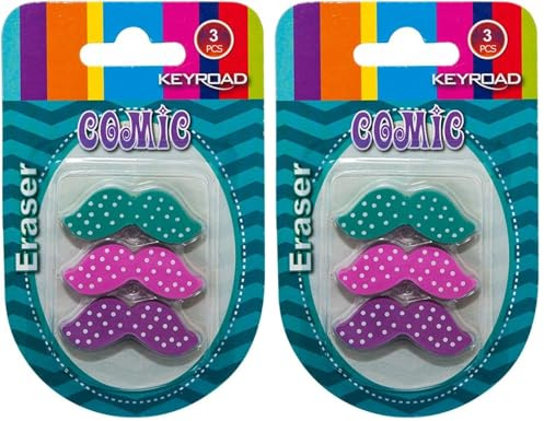 KEYROAD Radiergummi - Schnurrbart/Radierer für Bleistift und Buntstift/ 3 Stücke/Blister/Mischung aus Farben/Ideal für Schule und Büro (Packung mit 2)