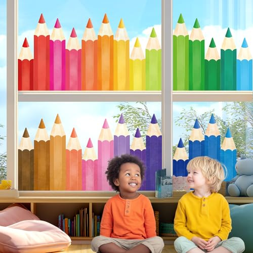 DECOWALL 27pcs Color Pencil Window Clings Stickers Colorful Rainbow Color Decla Reuseble Waterproof for Glass Decals Kids Classroom Nursery Window Home décor - Double Sided Print (CDS9-9005)