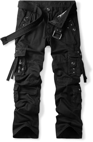 Aeslech Herren-Cargohose aus Baumwolle, leger, Baggy, Arbeitshose, Wandern, Reisen, mit Taschen, lockere Passform (kein Gürtel)