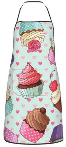 KWQDOZF Modische Schürze mit Cupcake-Muster für Kochschürze mit Taschen zum Kochen, Backen und Grillen in der Küche