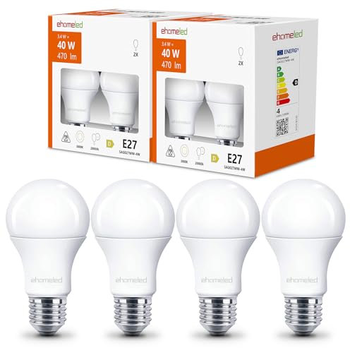 ehomeled E27 LED Glühbirne A60 Warmweiß(3000K), 470 Lumen 3,4W (=40W), Energiesparende Klassische LED Birne, Ideal für Wohnzimmer, Schlafzimmer & Büro, 4er-Pack