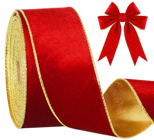 Christmas Ribbon, 2.5in X 10 Yard Wired Red Velvet Christmas Tree Ribbon with Gold Edge, Xmas Tree Decorations Wide Floral Wreath Bows Ribbons