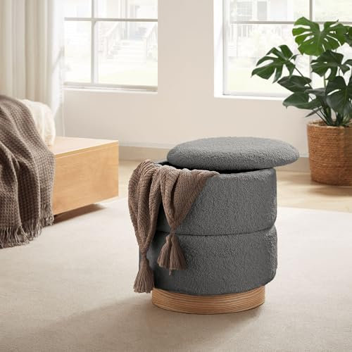 Sicaan Pouf Coffre ROMÉO en Tissu Bouclette Gris – Tabouret de Rangement Design Scandinave et Art Déco avec Base Bois – Pouf Rigide Chic et Pratique pour Salon, Chambre ou Entrée – 37 x 37 x 42 cm