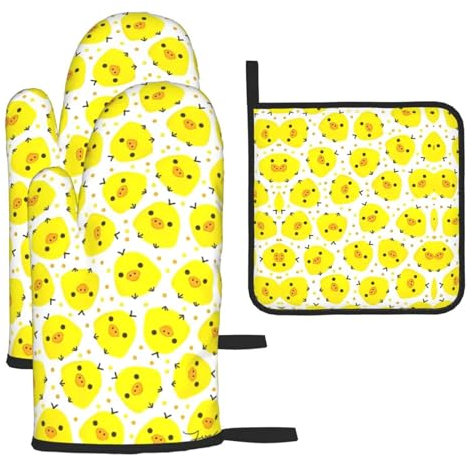 Set di 3 guanti da forno natalizi con pollo giallo e presine, guanti da forno da cucina, guanti resistenti al calore