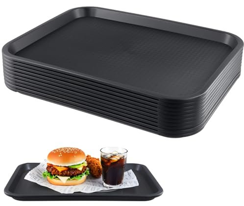 LEXININ 10PCS 35 x 27cm Black Plastic Fast Food Tray,10 x 13 Inch Small Rectangular Serving Drink Trays for Cafeteria Restaurant Fast Food
