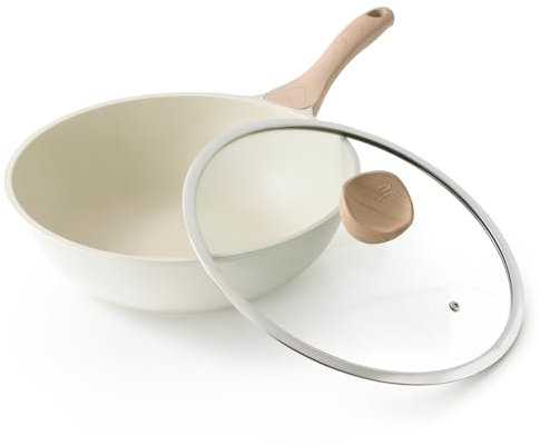 Kordisen Non Stick Induction Wok Pan, 30cm Deep Stir-Fry Pans with Lid, Stay Cool Handle, Compatible with All Stovetops, PFOA Free (Cream White)