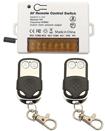 DieseRC 2 Channels Wireless Relay Remote Control Switch 433Mhz RF DC 5V 12V 24V 30V 10A Relay Receiver with 2 Transmitters Keyfob, Big Terminal Easy Wiring