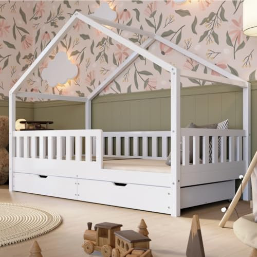 Crazy Pine Hausbett mit Schubladen 90x200 cm – Kinderbett aus Naturholz in Weiß mit Rausfallschutz – Montessori Bodenbett mit zusätzlichen Stauraum und und Abnehmbarer Barriere - Crazy House