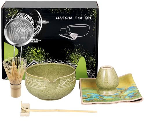 Lot de 7 fouets à matcha en bambou avec support pour balai à matcha en céramique, pelle traditionnelle, pour le travail manuel japonais (vert foncé PRO)