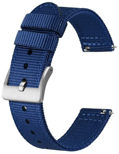 BISONSTRAP Nylon Armband für Herren, Zweiteilige Militär Uhrenarmband, Schnellverschluss, Gebürstete Schnalle, 19mm, Blau (Silberne Schnalle)