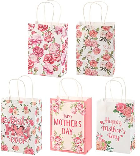 FOSDICK 5 Stück Papier Geschenktüten mit Griffen, Kleine Geschenktüten Muttertagsgeschenk, 21x15x8cm Papiertüten, Rosa Blumen Geschenktüte zum Muttertag